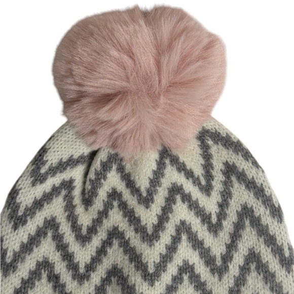 Soft Warm Style Pink Knitted Chevron Print Beanie With Faux Fur Pom Pom - Picture 2 of 4